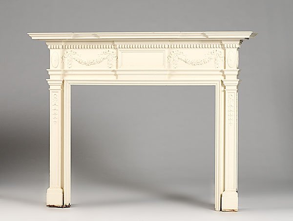 Federal-style Mantel, : Federal-style Mantel, 20th century, assorted woods. A breakfront molded cornice over frieze with dentil molding, the central tablet on the front is between applied floral garlands. The pilasters wit