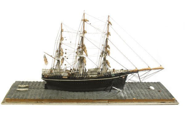 Cased Ship Model of the Orion, : Cased Ship Model of the Orion, late 19th century, black-painted hull with painted name Orion near the rear of the ship. Three-mast ship with two large anchors at the front of the boat. Attached load