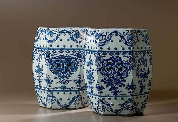 Chinese Porcelain Garden Seats, : Chinese Porcelain Garden Seats, early 19th century. A pair of Chinese Export blue and white underglaze blue garden seats, hexagonal-form with pierced cash designs and raised bosses; 18.5" high x 13"