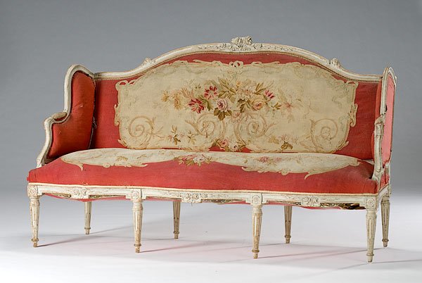 Louis XV-style Settee with Aubusson Tapestry Uphol: Louis XV-style Settee with Aubusson Tapestry Upholstery French, early 20th century, having a carved and molded painted frame with floral 19th century Aubusson tapestry upholstery on back and seat, t