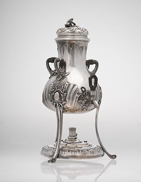 Leon Lapar French Silver Hot Water Urn, : Leon Lapar French Silver Hot Water Urn, French, ca 1900, first standard. A silver hot water urn with burner. Bellied form with scrolling foliage and central cartouches, supported on three curved leg