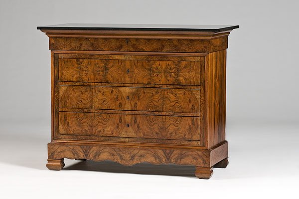 Italian Walnut Commode, : Italian Walnut Commode, ca 1830s, of burled walnut. With molded cornice top over four long drawers, one in the frieze, all faced in highly figured veneers, all over a shaped apron and tapered block 