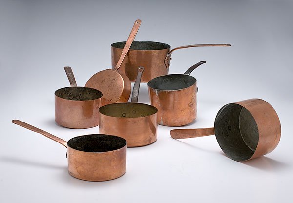 Antique Copper Cookware, : Antique Copper Cookware, late 19th to early 20th century. Seven pieces of copper cookware; 4 graduated handmade pots with dovetailed construction, 2 graduated pots with iron handles, and a single pa