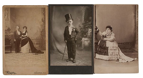 33 Cabinet Cards and Postcards of Special People, : 33 Cabinet Cards and Postcards of Special People, a large gathering of photographs of little people, fat ladies, individuals with physical abnormalities, and Siamese twins. The lot features many ima