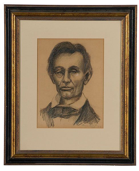 Thomas Saltz Mixed Media Portrait of Abraham Lincol: Thomas Saltz Mixed Media Portrait of Abraham Lincoln, a graphite and pastel portrait of a beardless Lincoln, signed and dated Thos. Saltz, 1917, based upon a photograph of Lincoln taken by T. Painte