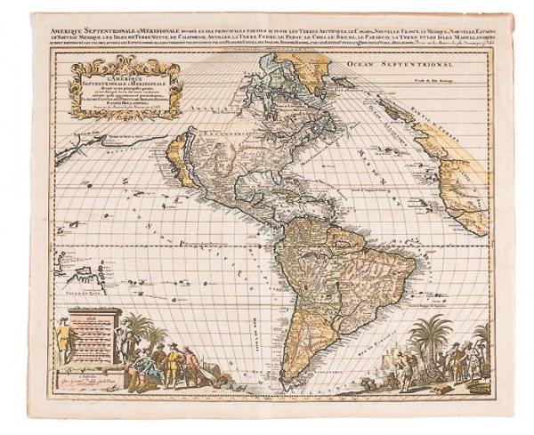 Gerard Valck Dutch Hand-Colored Map of the Western: Gerard Valck Dutch Hand-Colored Map of the Western Hemisphere, L'Amerique Septentrionale & Meridionale divisee en ses pricipales parties,…, by Gerard Valck, Amsterdam. Hand-colored copper plate en