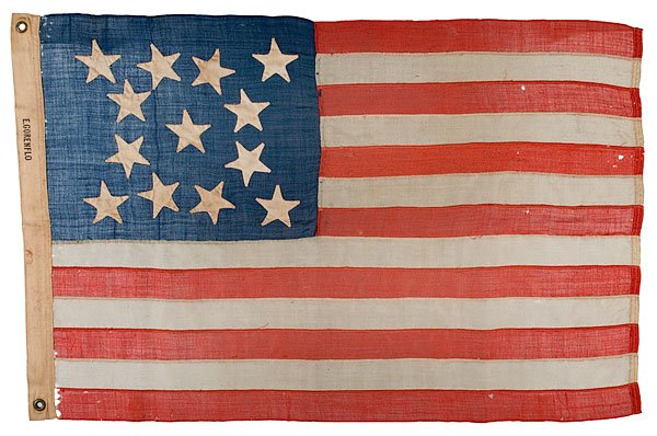Civil War Patriotic 13-Star Flag, : Civil War Patriotic 13-Star Flag, primarily wool bunting, 23.75" x 36.5", with 13 hand-sewn double appliqué cotton stars configured in unusual arrangement of one central star surrounded by a ring o