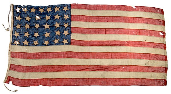31-Star Flag, : 31-Star Flag, large machine and hand-sewn flag constructed of worsted wool, 57.5" x 106.5". With 31 sewn-through linen stars configured in 7/6/6/6/6 horizontal rows, on blue, worsted wool canton. Th