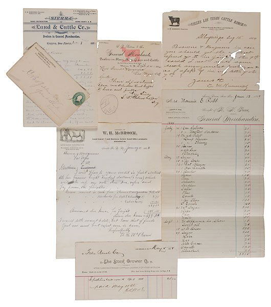N. Mexico Territory Cattle Ranching Billheads and: N. Mexico Territory Cattle Ranching Billheads and Letters, lot of 6, including 2p. letter from Sierra Land & Cattle Co., Kingston, NM, 1 Dec. 1889 including cover; receipt from The Stock Grower Co.