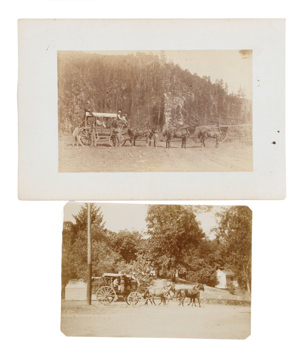 Two Photographs of California Stagecoaches, : Two Photographs of California Stagecoaches, includes 4.5" x 7" circa 1890 albumen image mounted on larger cream board of a six horse team with inked identification on verso Lucky Baldun [sic] Bear L