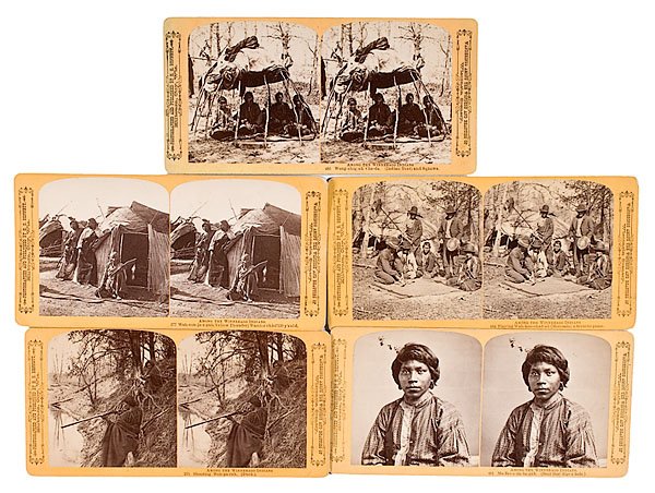 Winnebago Indian Stereoviews by H.H. Bennett, : Winnebago Indian Stereoviews by H.H. Bennett, lot of five, including the following Bennett stereoviews: a Winnebago Indian shooting at ducks from a riverbank; Wah-con-ja-z-gah (Yellow Thunder) Warri