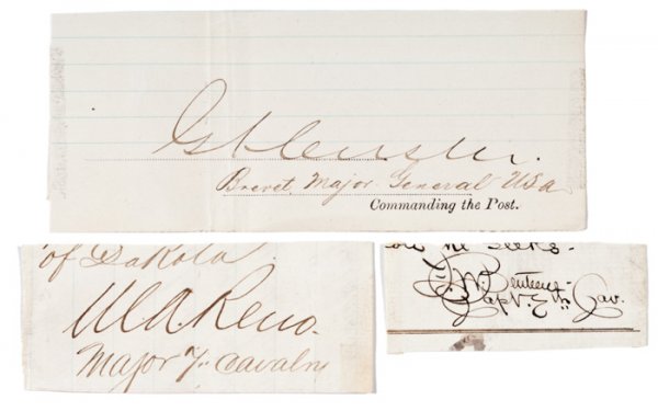 G.A. Custer, M.A. Reno, and F.W. Benteen Clipped A: G.A. Custer, M.A. Reno, and F.W. Benteen Clipped Autographs, lot of three 7th Cavalry signatures, including George Armstrong Custer; Marcus Reno (1834-1889), second in command at the Battle of the L