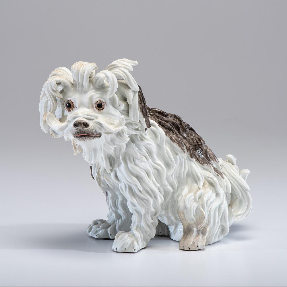A Meissen Porcelain Bolognese Spaniel: German, 19th Century with blue underglaze crossed sword mark near tail. Height 8 3/4 inches. Provenance: Property of Anne Romanoff Ilyinsky