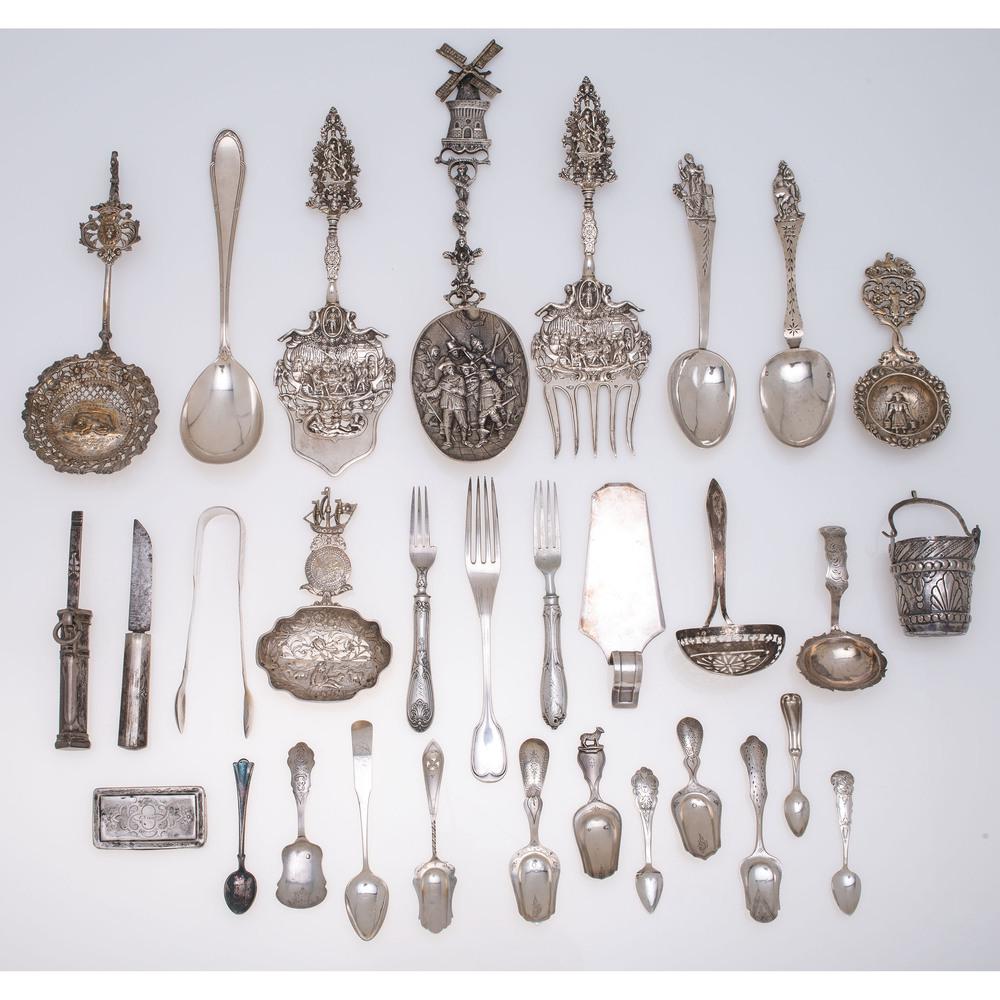 A Group of Dutch Silver and Other European Flatware: Continental, 19th/20th Century forty silver flatware and serving pieces, by various makers, including nine spoons and ladles, eight forks, sixteen shovels and demitasse spoons, a pie server, a fish kn