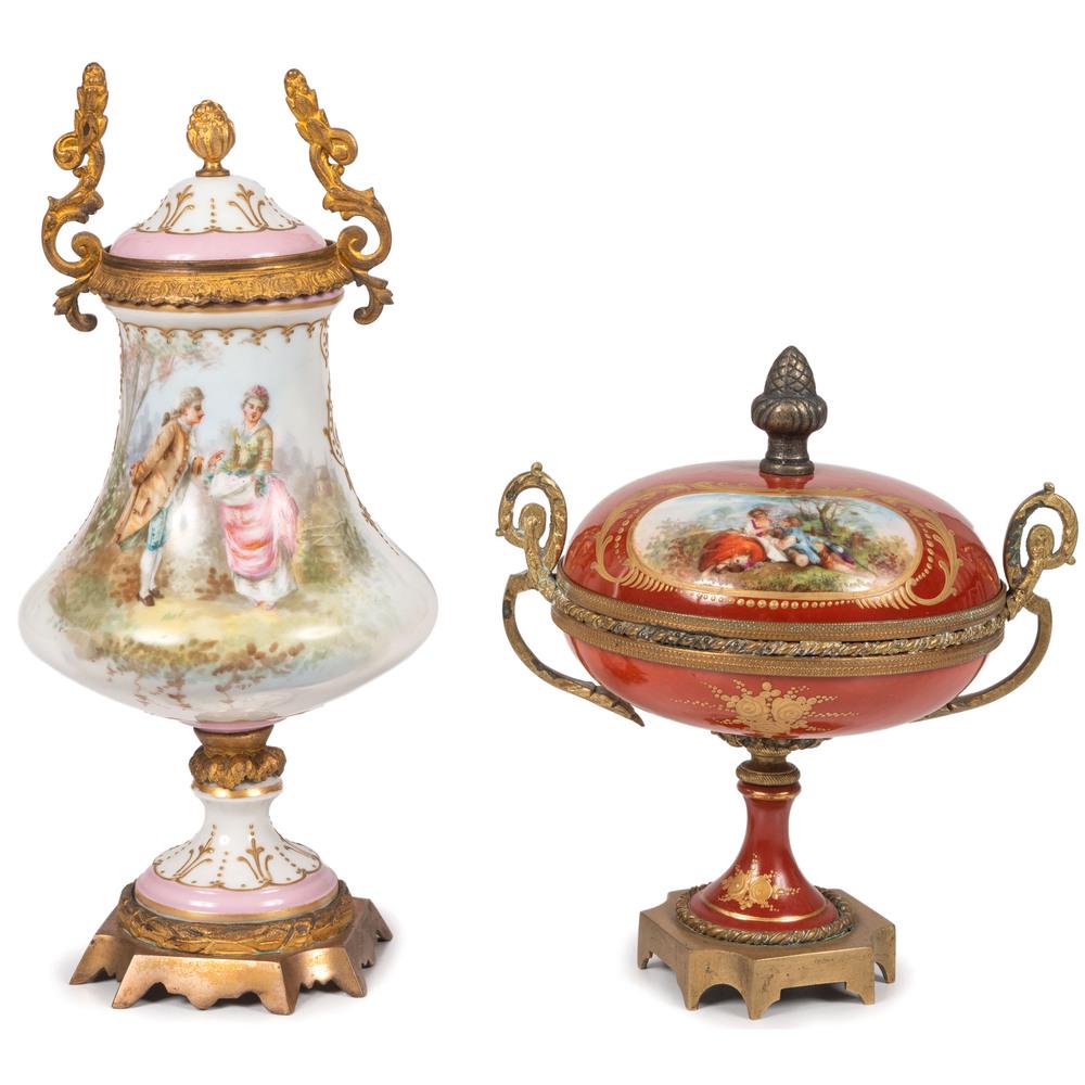 A Sevres-style Gilt and Polychrome Painted Lidded...: A Sevres-style Gilt and Polychrome Painted Lidded Urn and Compote French, 19th/20th Century both with courtship scenes and ormolu mounts. urn with S within interlocking Ls, compote unmarked. Height of