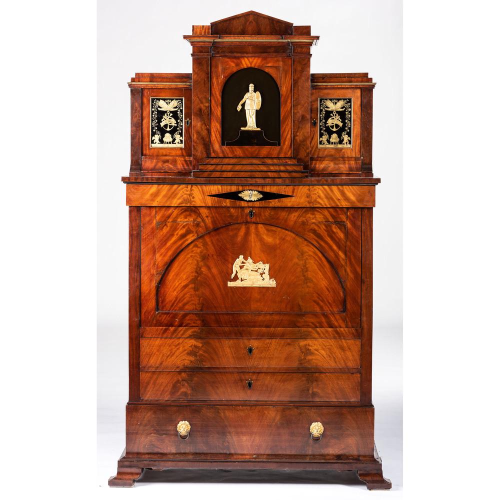 An Exceptional Biedermeier Mahogany and Fruitwood...: An Exceptional Biedermeier Mahogany and Fruitwood Secrétaire à Abattant Austrian, First-half 19th Century the part-ebonized bureau in mahogany, burl walnut and fruitwood with classical ormolu mounts