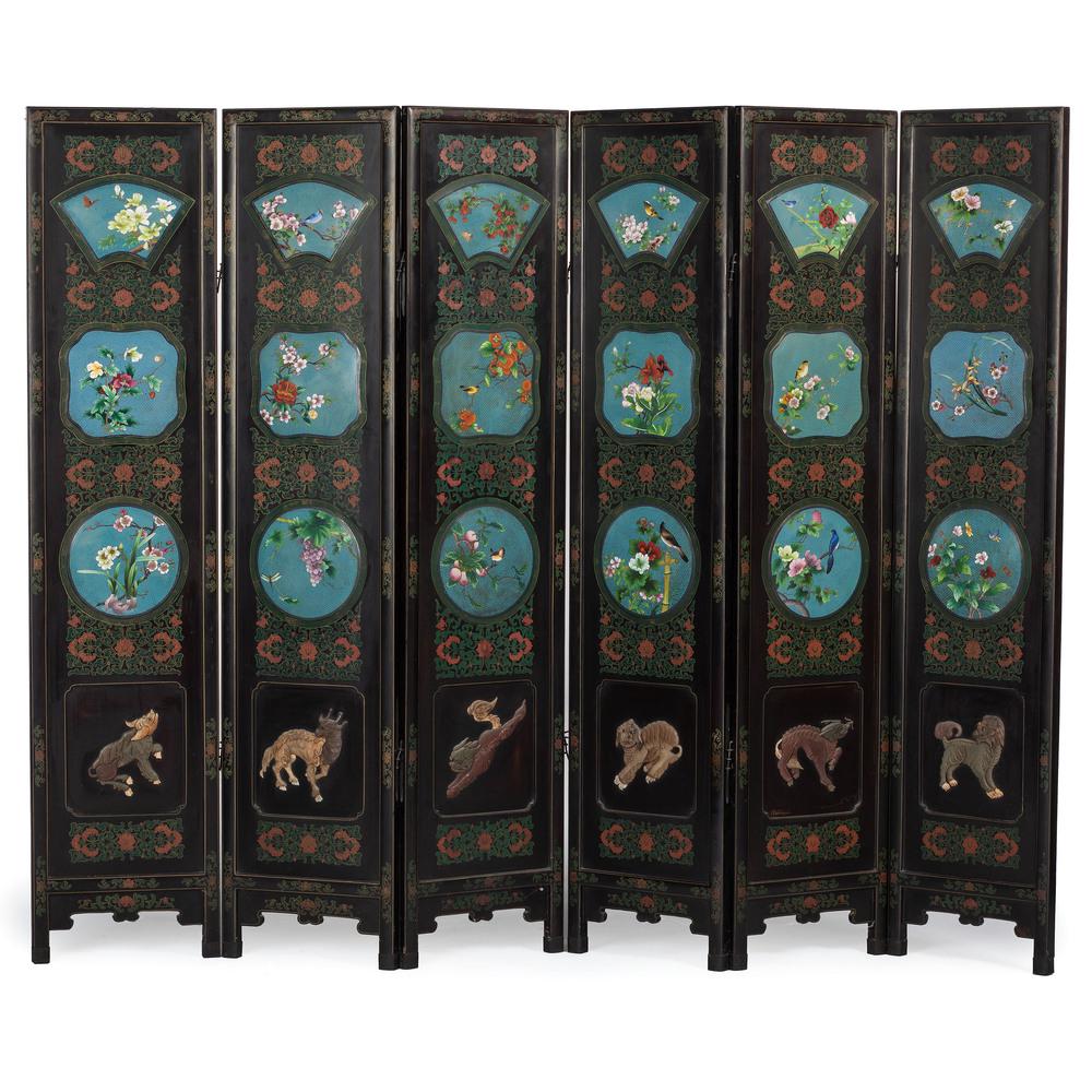 A Chinese Cloisonné Enamel Inset Lacquered Floor Screen: 20th Century six panels, each set with cloisonné and hardstone decoration. Height of each 72 x width 16 inches.