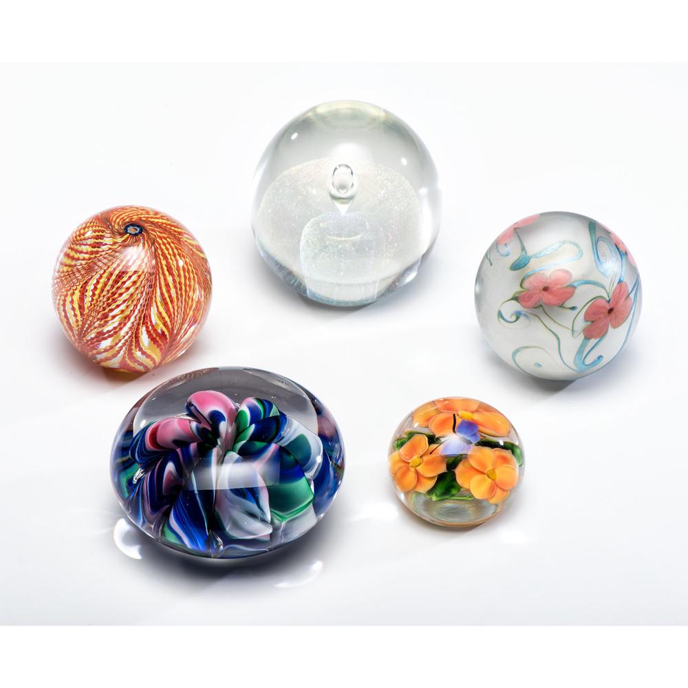 Five Art Glass Paperweights: American, Late 20th Century makers' marks to undersides including Vandermark, Daniel Salazar for Lundberg Studios, Robert W. Stephan, and Joe St. Clair. Height of largest 4 1/4 inches.