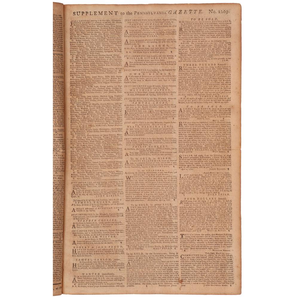 [SLAVERY & ABOLITION]. The Pennsylvania Gazette. No.: [SLAVERY & ABOLITION]. The Pennsylvania Gazette. No. 2209. Philadelphia, PA: David Hall and William Sellers, 25 April 1771. 6pp., folio, 10 x 16 in. (folds, first page nearly fully separated, partial