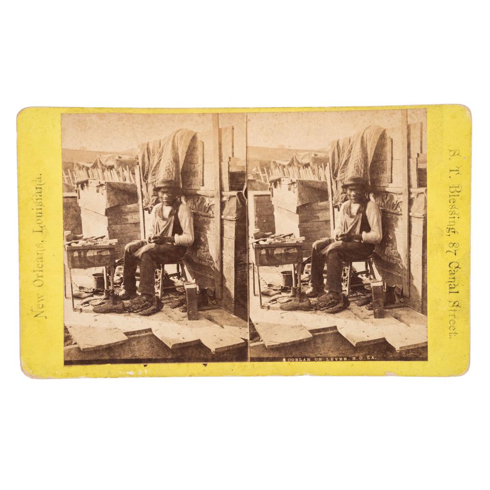 [STEREOVIEW - OCCUPATIONAL] BLESSING, Samuel T.,: [STEREOVIEW - OCCUPATIONAL] BLESSING, Samuel T., photographer. Coblar on Levee, N.O. LA.. New Orleans, LA: S.T. Blessing, n.d. 7 x 4.25 in. stereoview (spotting to image, wear to mount edges and corne