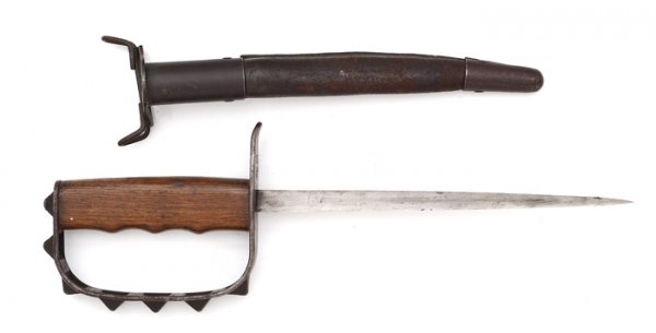 M1917 Trench Knife with Scabbard, : M1917 Trench Knife with Scabbard, 9" triangular blade, marked on the bottom of guard U.S. LF&C Co. 1917. Leather scabbard.