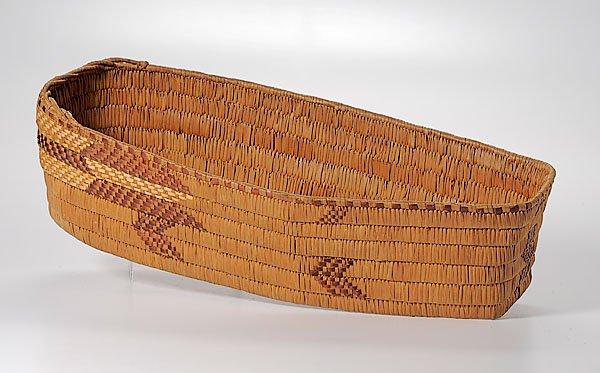 Frasier River Imbricated Cradle : Frasier River Imbricated Cradle imbricated chevrons and bands decorating outside of cradle, length 23.5" x width 11". mid 20th century