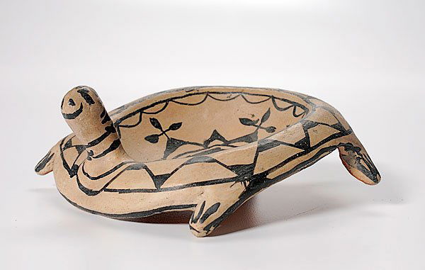 Cochiti Figural Ashtray : Cochiti Figural Ashtray in the form of a turtle with a geometric painted "shell", diameter 4.25". mid 20th century