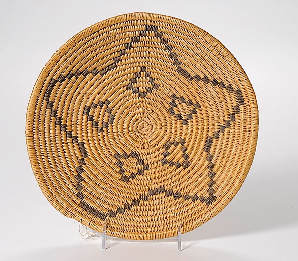 Havasupai Basket, : Havasupai Basket, coiled of willow with devil's claw motif of a large star with diamonds, diameter 11". mid 20th century