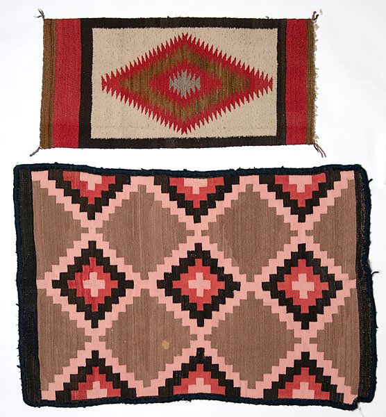 Navajo Western Reservation Weavings : Navajo Western Reservation Weavings lot of 2, includes one with stepped diamonds filling central field; edges rebound, 50" x 30.5"; AND a smaller sampler with central serrated diamond, 39" x 18.5".