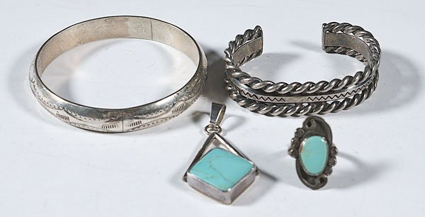 Group of Mexican and Indian Silver and Turquoise J: Group of Mexican and Indian Silver and Turquoise Jewelry, lot of 4. All hand-wrought with a variety of hallmarks. Includes a Navajo coin silver bracelet signed IH, inside length 5.5"; PLUS a Mexican