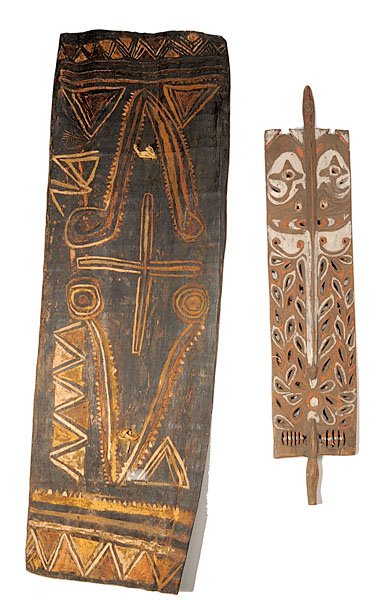 Papua New Guinea Shield and Panel : Papua New Guinea Shield and Panel lot of 2, both from the Sepik River region of Papua New Guinea and both carved from wood and painted. Includes a large war shield, height 56"; AND a plaque carved w