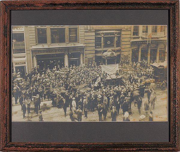 Photograph of the Final Stop of the Wells Fargo & : Photograph of the Final Stop of the Wells Fargo & Co. Express in New York City, a remarkable silver gelatin photograph featuring Wells Fargo & Co.'s Overland Express during its last stop in front of