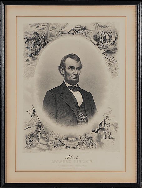 J.C. Buttre Memorial Engraving of Abraham Lincoln,: J.C. Buttre Memorial Engraving of Abraham Lincoln, a half-length portrait of Lincoln taken from an image originally produced by Anthony Berger at Mathew Brady's studio in Washington, D.C., with Linc