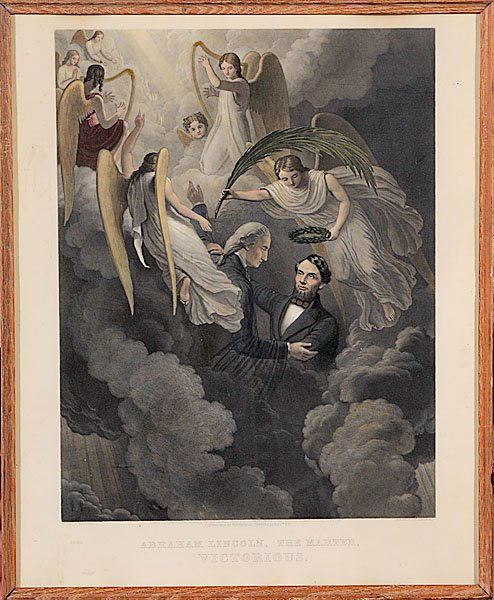 Hand Colored Lithograph, Abraham Lincoln, The Mart: Hand Colored Lithograph, Abraham Lincoln, The Martyr Victorious, 17.5" x 21.5", engraved by John Sartain and printed by W.H. Herman's Penn Yan Yates Co., N.Y., framed, 18.25" x 22.25".