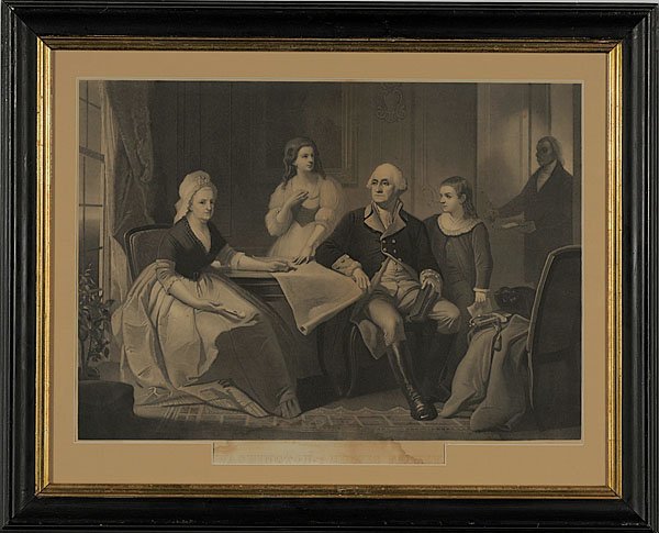 Pair of Washington and Lincoln Engravings by Sarta: Pair of Washington and Lincoln Engravings by Sartain, engraved by William Sartain, depicting Washington and His Family and Lincoln and His Family, respectively. A fine pair, framed as they should be