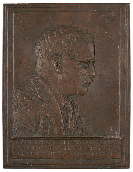 Bronze Bas-Relief of Teddy Roosevelt By J.E. Frase: Bronze Bas-Relief of Teddy Roosevelt By J.E. Fraser 10" x 12.75" signed upper right Frazer/1920 with block of text below portrait reading "Aggressive Fighting For/The Right Is The Noblest/Sport The