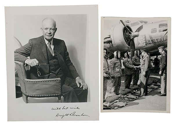 Two Dwight D. Eisenhower Photographs, : Two Dwight D. Eisenhower Photographs, 8 x 10" portrait, with best wishes, Dwight D. Eisenhower printed in lower margin. Second is 6 x 8" AP photo of Eisenhower shaking hands with crew of "General 'I