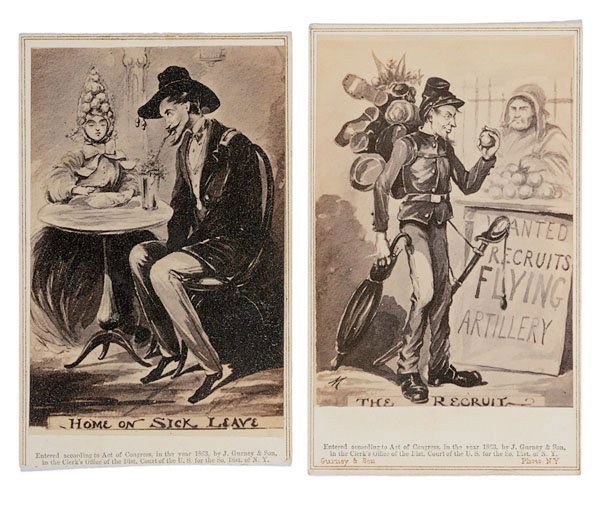 Two Civil War Caricatures by Thomas Nast, : Two Civil War Caricatures by Thomas Nast, a pair of satirical CDVs popularized by Nast with L. Gurney & Son imprints, dated 1863. One captioned Home on Sick Leave —an officer cavorting with a woma
