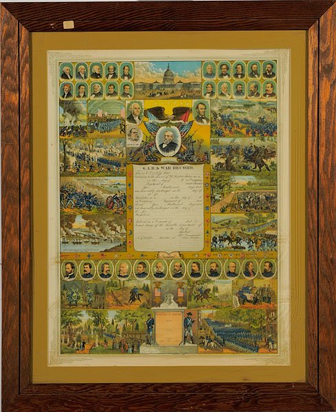 GAR Escutcheon and Hand-Colored General Hooker Pri: GAR Escutcheon and Hand-Colored General Hooker Print, lot of 2, including a blank GAR chromolithographed memorial escutcheon, with 18 vignette scenes of the war and 36 oval portraits of various poli