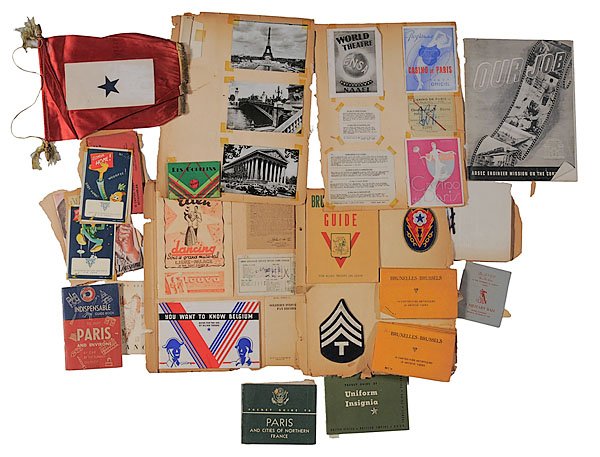 WWII Engineers Archive, : WWII Engineers Archive, including a service flag; uniform patches; 2 sets of photo-postcards of Brussels, a Brussels pocket guide and guides to Belgium, Paris, and the Riviera; pay record for Jordan