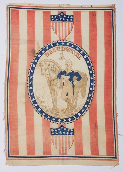 Centennial Exposition 1876 George Washington Kerch: Centennial Exposition 1876 George Washington Kerchief, Philadelphia, 1876, linen, printed on one side with red, blue and black inks, the general being portrayed with his horse under the Liberty Bell