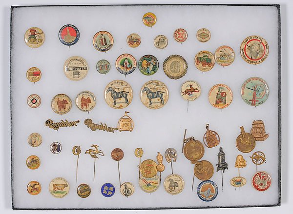 Large Lot of Advertising Stick Pins & Cello Pinbac: Large Lot of Advertising Stick Pins & Cello Pinbacks, lot of 56. Including Peters' Shells, Winchester Cartridges, Studebaker wagons, John Deere Plows, several horse sellers (Dunham, Fletcher and Col