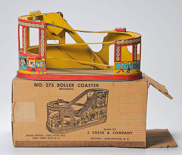 Chein Chromolithographed Roller Coaster in Origina: Chein Chromolithographed Roller Coaster in Original Box, 19" x 10" high with yellow and red original coaster cars, currently working, box is 10" x 10.5" x 20" long.