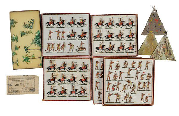 Heyde Toy Pewter Indians, Plus, : Heyde Toy Pewter Indians, Plus, lottery ticket with which the little boy won the set. A group of 90+ toy pewter Indian Soldiers, some on horseback, some standing and firing a gun, some running, and