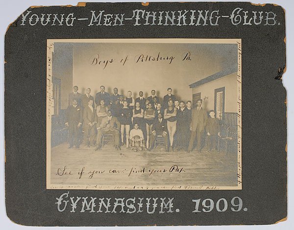 1909 Pittsburgh Boxing Club Photograph, : 1909 Pittsburgh Boxing Club Photograph, large, 1909 mounted photograph of the Young Men Thinking Club at their gymnasium in Pittsburg. Photo inscribed with the message, Boys of Pittsburg Pa. See if 