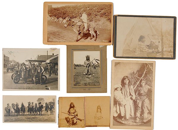 Group of Various Western Photographs, : Group of Various Western Photographs, lot of 8, primarily images of American Indians, one capturing a group of cowboys. Two small albumen images of Apaches, one male, "José - White Mountain Apache,