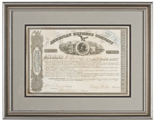 American Express Company Stock Certificate Signed : American Express Company Stock Certificate Signed by Henry Wells and William Fargo, partially printed stock certificate for 4 shares, numbered 1270 and signed by Henry Wells, made out to P. Prichard