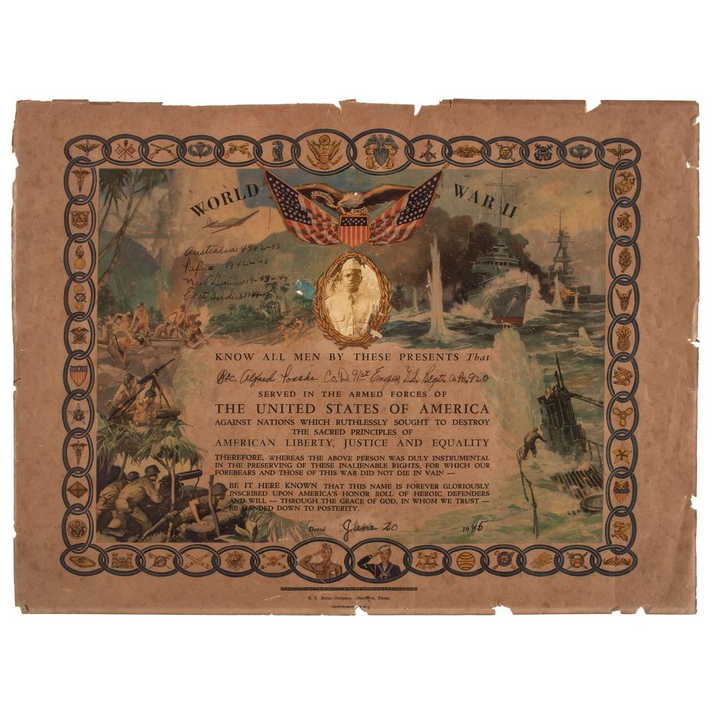[WORLD WAR II].: [WORLD WAR II]. WWII escutcheon noting service of Pfc. Alfred Porche, Co. D. 91st Engrs., who "served in the Armed Forces of the United States of America against nations which ruthlessly sought to d