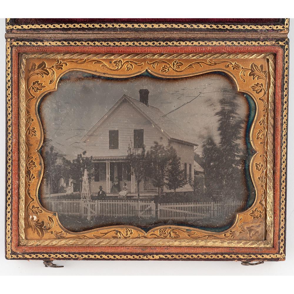 [DAGUERREOTYPE]. Quarter plate daguerreotype of a: [DAGUERREOTYPE]. Quarter plate daguerreotype of a country home with subjects posed outside. N.p, n.d. Quarter plate daguerreotype. (Substantial scratching to plate including large scratch near upper r