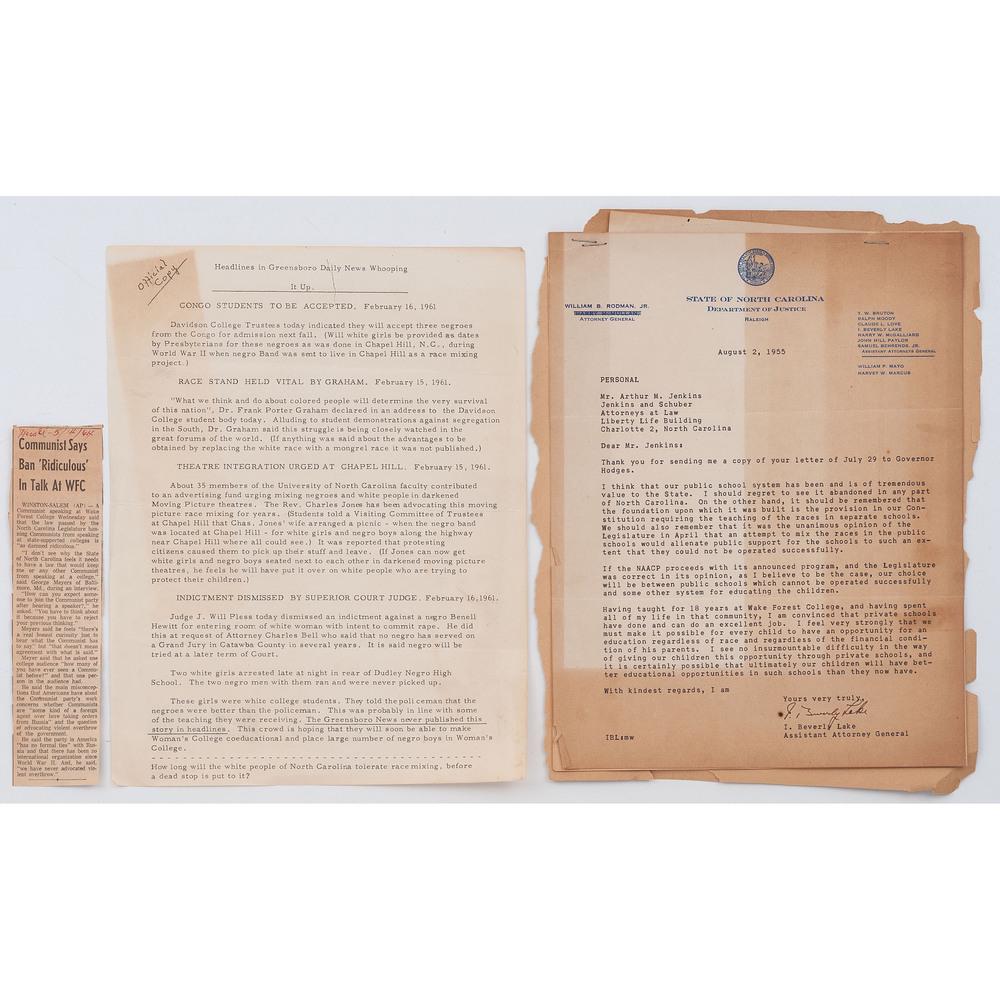 [CIVIL RIGHTS]. Letters regarding segregation in North: [CIVIL RIGHTS]. Letters regarding segregation in North Carolina with associated materials. Panoramic silver gelatin photo, facsimile, 8 x 20 in. In negative: "Slaves and Servants of Civil War Days 186